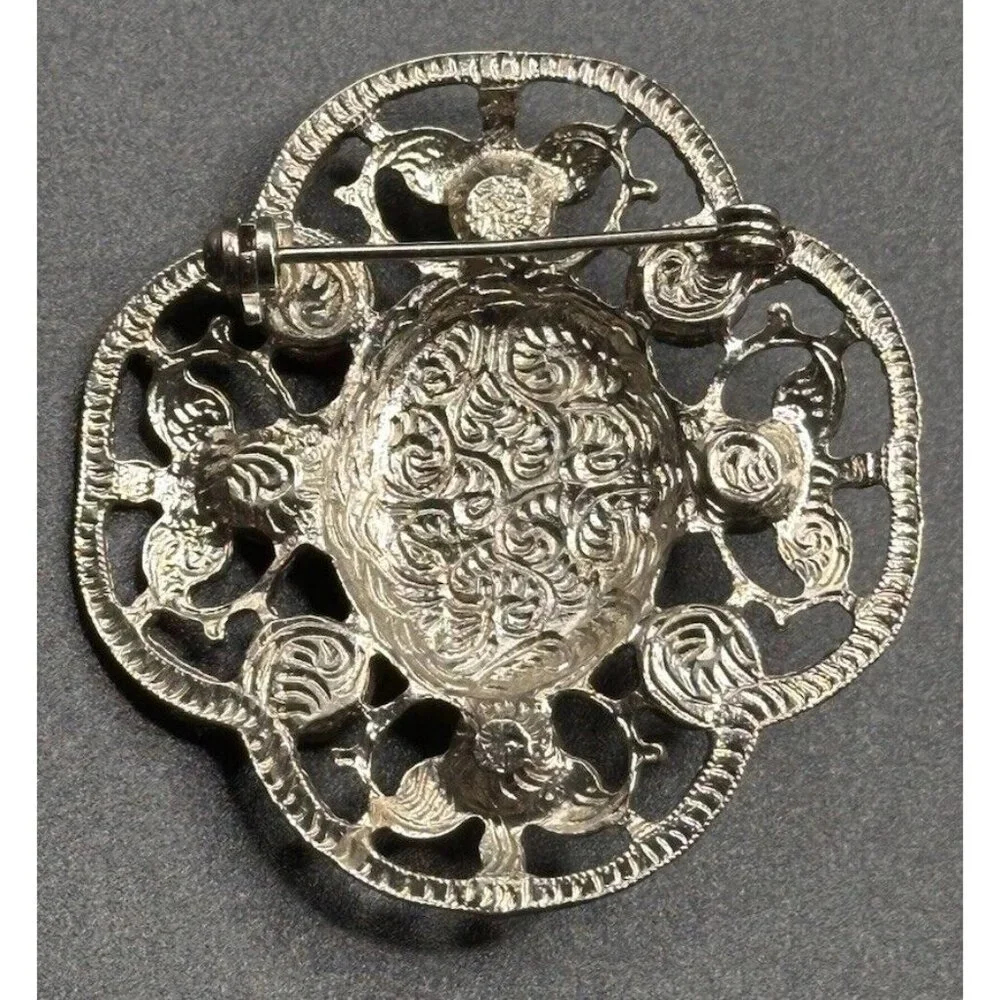 Moonstone Blue Glass & Rhinestone Silver Tone Filigree Pin Brooch‎